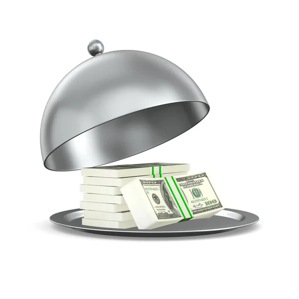 Open Metallic Cloche Money White Background Isolated Illustration — Stock Photo, Image