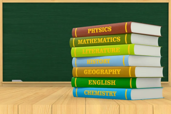 Stack Hardcover Text Books Blackboard Wooden Surface Illustration — Stock Photo, Image