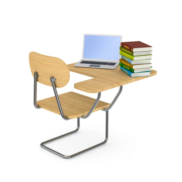 Schultisch Stapelweise Bücher Und Laptop Auf Weißem Hintergrund Isolierte Illustration — Stockfoto