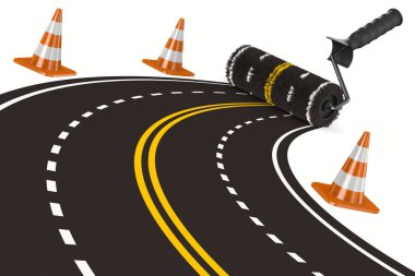Beyaz arka planda paten fırçası olan boyalı bir yol. İzole edilmiş üç boyutlu illüstrasyon