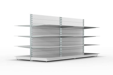 Beyaz arkaplanda boş raflar var. İzole edilmiş üç boyutlu illüstrasyon