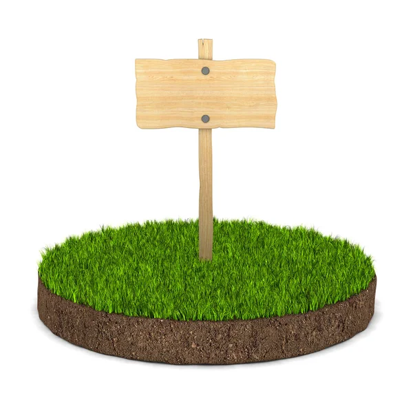 Wooden Banner Soil Ground Green Grass White Background Isolated Illustration — Stock Photo, Image