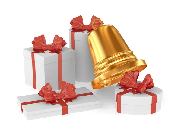 White Boxes Red Bow Bell White Background Isolated Illustration — Stock Photo, Image