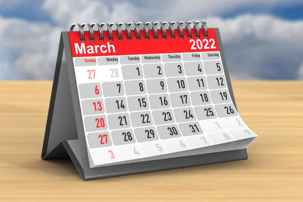 2022 Έτος Ημερολόγιο Μαρτίου Απεικόνιση — Φωτογραφία Αρχείου