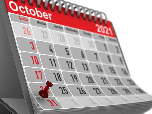 Alfiler Rojo Que Marca Día Halloween Calendario Sobre Fondo Blanco — Foto de Stock