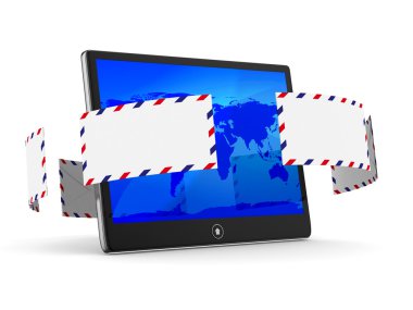 Tablet ve beyaz arka plan üzerinde zarf. izole 3d görüntü