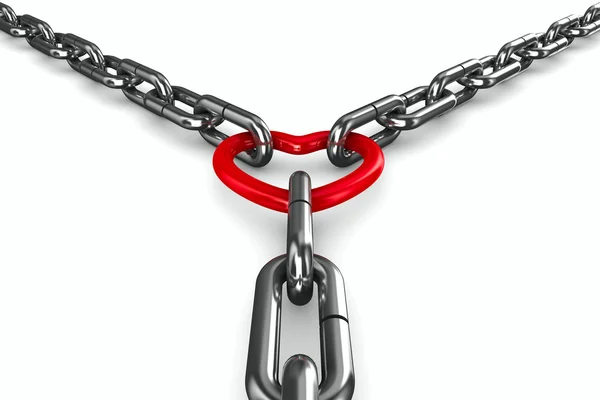 Chain and red heart on white background. Isolated 3D image — Stock Photo, Image