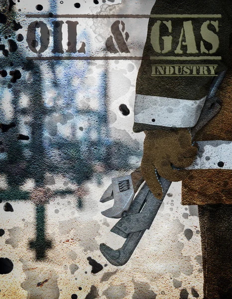 Obrero petrolero mano y llave inglesa cartel . — Foto de Stock