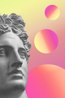 Popüler sanat tarzında insan yüzünün alçıdan yapılmış antik heykelinin kolajı. Antik heykel kafasıyla modern yaratıcı konsept imajı. Zine kültürü. Çağdaş sanat posteri. Acayip minimalizm. Retro tasarımı.