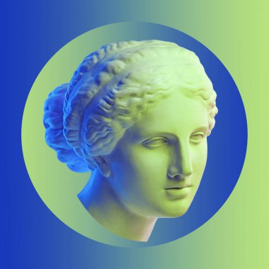 Popüler sanat tarzında insan yüzünün alçıdan yapılmış antik heykelinin kolajı. Antik heykel kafasıyla modern yaratıcı konsept imajı. Zine kültürü. Çağdaş sanat posteri. Acayip minimalizm. Retro tasarımı.