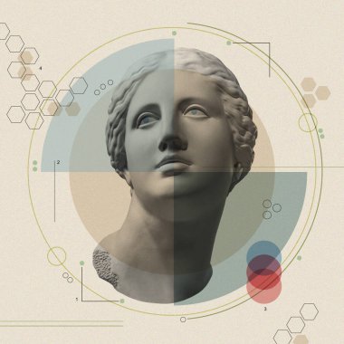 Venüs 'ün antik heykelinin olduğu sanat kolajı. Yüzü, numaraları, geometrik şekilleri. Güzellik, moda ve sağlık teması. Bilim, araştırma, keşif, teknoloji konsepti. Zine kültürü. Pop sanat tarzı.