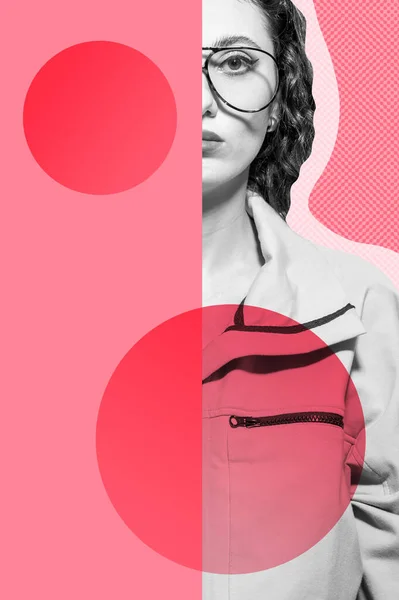 Funky woman in sunglasses. Crazy lady and surreal composition of textures, shapes, gradients. Contemporary art collage. Zine culture. Pop art. Fashion magazine style for posters, banners, wallpaper. — Stock Photo, Image