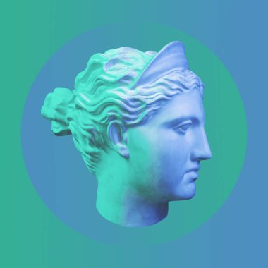 Popüler sanat tarzında insan yüzünün alçıdan yapılmış antik heykelinin kolajı. Antik heykel kafasıyla modern yaratıcı konsept imajı. Zine kültürü. Çağdaş sanat posteri. Acayip minimalizm. Retro tasarımı.