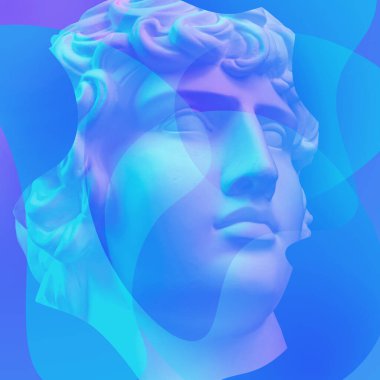 Popüler sanat tarzında insan yüzünün alçıdan yapılmış antik heykelinin kolajı. Pastel renklerde antik heykel kafasıyla yaratıcı bir konsept görüntüsü. Zine kültürü. Çağdaş sanat tarzı poster. Apollo baskını.