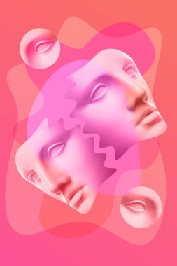 Popüler sanat tarzında insan yüzünün alçıdan yapılmış antik heykelinin kolajı. Antik heykel kafasıyla modern yaratıcı konsept imajı. Zine kültürü. Çağdaş sanat posteri. Acayip minimalizm. Retro tasarımı.