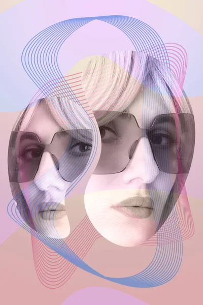 Mujer Funky en gafas de sol. Loca dama y composición surrealista de texturas, formas, gradientes. collage de arte contemporáneo. Cultivo Zine. Arte pop. Estilo revista de moda para carteles, pancartas, papel pintado. — Foto de Stock