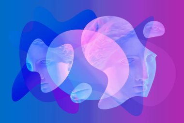 Popüler sanat tarzında insan yüzünün alçıdan yapılmış antik heykelinin kolajı. Antik heykel kafasıyla modern yaratıcı konsept imajı. Zine kültürü. Çağdaş sanat posteri. Acayip minimalizm. Retro tasarımı.