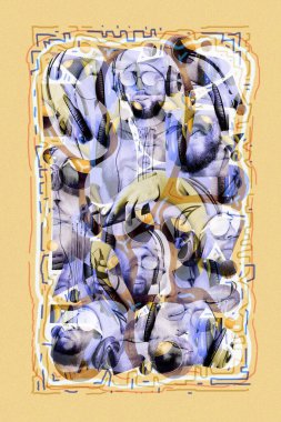 Pop sanat kolajı. Kulaklıklı ve güneş gözlüklü garip sakallı hippi DJ. Akıllı telefon oynatıcı uygulamasında müzik dinlemek. Çağdaş sanat posteri. Çılgın bir gece kulübü partisi. Asgari konsept.