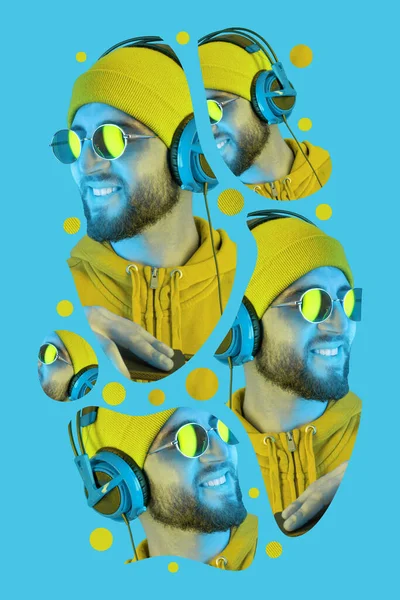 Collage in stile pop art. Funky barbuto hipster DJ in cuffia e occhiali da sole. Ascolto musica in streaming nell'app per lettori di smartphone. Manifesto d'arte contemporanea. Festa da discoteca di musica rave. Concetto minimo. — Foto Stock