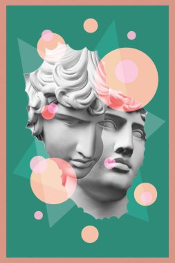 Popüler sanat tarzında insan yüzünün alçıdan yapılmış antik heykelinin kolajı. Antik heykel kafasıyla modern yaratıcı konsept imajı. Zine kültürü. Çağdaş sanat posteri. Acayip minimalizm. Retro tasarımı.