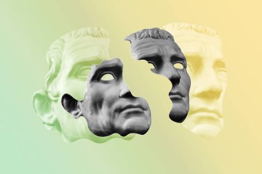 Popüler sanat tarzında insan yüzünün alçıdan yapılmış antik heykelinin kolajı. Antik heykel kafasıyla modern yaratıcı konsept imajı. Zine kültürü. Çağdaş sanat posteri. Acayip minimalizm. Retro tasarımı.
