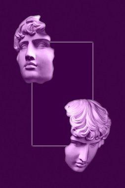 Popüler sanat tarzında insan yüzünün alçıdan yapılmış antik heykelinin kolajı. Antik heykel kafasıyla modern yaratıcı konsept imajı. Zine kültürü. Çağdaş sanat posteri. Acayip minimalizm. Retro tasarımı.