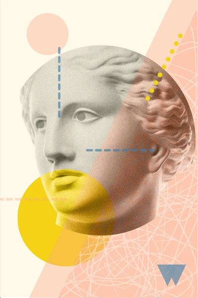 Mode kunst collage met gips antieke sculptuur van Venus gezicht in een pop art stijl. Creatief concept imago in hedendaagse surrealisme stijl. Schoonheid, mode en gezondheid thema. Zincultuur. — Stockfoto
