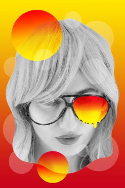 Güneş gözlüklü acayip kadın. Çılgın kadın ve gerçeküstü doku, şekil ve gradyan kompozisyonu. Çağdaş sanat kolajı. Zine kültürü. Pop sanat. Posterler, afişler, duvar kağıtları için moda dergisi tarzı.
