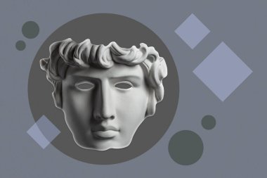 Popüler sanat tarzında insan yüzünün alçıdan yapılmış antik heykelinin kolajı. Antik heykel kafasıyla modern yaratıcı konsept imajı. Zine kültürü. Çağdaş sanat posteri. Retro tasarım. Funky minimalizm.