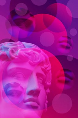 Popüler sanat tarzında insan yüzünün alçıdan yapılmış antik heykelinin kolajı. Antik heykel kafasıyla modern yaratıcı konsept imajı. Zine kültürü. Çağdaş sanat posteri. Acayip minimalizm. Retro tasarımı.