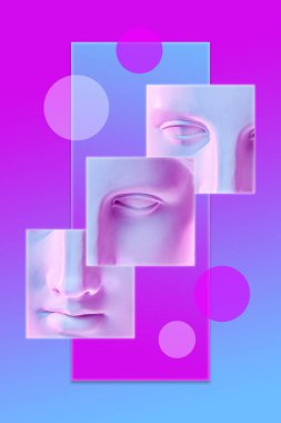 Popüler sanat tarzında insan yüzünün alçıdan yapılmış antik heykelinin kolajı. Antik heykel kafasıyla modern yaratıcı konsept imajı. Zine kültürü. Çağdaş sanat posteri. Acayip minimalizm. Retro tasarımı.