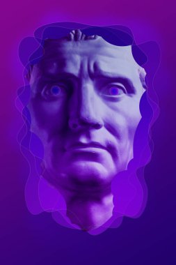 Popüler sanat tarzında insan yüzünün alçıdan yapılmış antik heykelinin kolajı. Antik heykel kafasıyla modern yaratıcı konsept imajı. Zine kültürü. Çağdaş sanat posteri. Acayip minimalizm. Retro tasarımı.