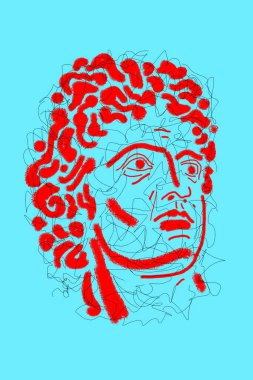 Gerçeküstü yüz çizimi. Antik heykel kafasıyla modern sanat yaratıcı konsept imajı. Modern kübizm tarzında çılgın çağdaş çizimler. Pop sanat posteri. Zine kültürü. Funk retro minimalist.