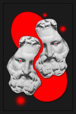 Popüler sanat tarzında insan yüzünün alçıdan yapılmış antik heykelinin kolajı. Antik heykel kafasıyla modern yaratıcı konsept imajı. Zine kültürü. Çağdaş sanat posteri. Acayip minimalizm. Retro tasarımı.