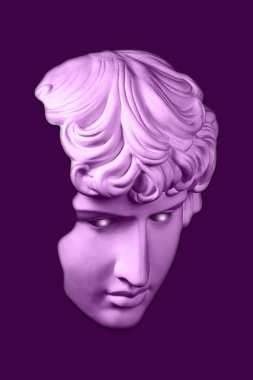 Popüler sanat tarzında insan yüzünün alçıdan yapılmış antik heykelinin kolajı. Antik heykel kafasıyla modern yaratıcı konsept imajı. Zine kültürü. Çağdaş sanat posteri. Acayip minimalizm. Retro tasarımı.