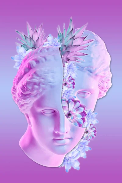 Collage with plaster antique sculpture of woman face and flowers in a pop art style. Modern creative concept image with ancient statue head. Zine culture. Contemporary art poster. Funky minimalism. — Stock Photo, Image