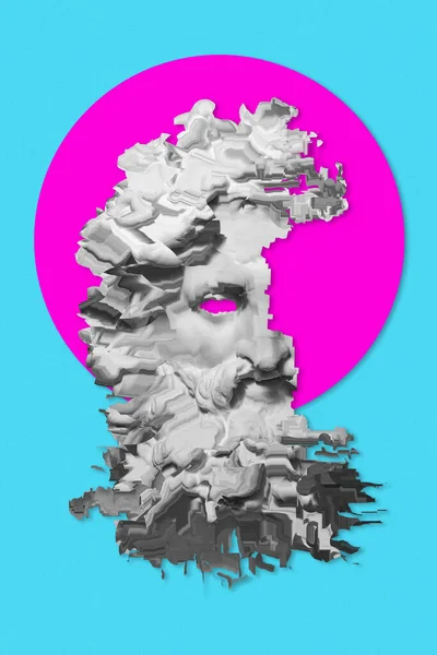 Collage with plaster antique sculpture of human face in a pop art style. Modern creative concept image with ancient statue head. Zine culture. Contemporary art poster. Funky minimalism. Retro design. — Stock Photo, Image