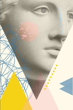 Popüler sanat tarzında alçıdan antik Venüs heykelinin olduğu moda sanatları kolajı. Modern sürrealizm tarzında yaratıcı moda konsepti. Güzellik, moda ve sağlık teması. Zine kültürü.