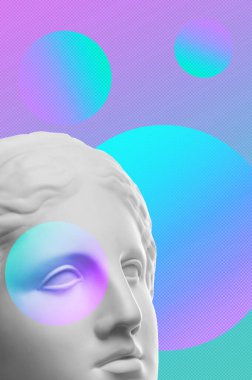 Popüler sanat tarzında insan yüzünün alçıdan yapılmış antik heykelinin kolajı. Antik heykel kafasıyla modern yaratıcı konsept imajı. Zine kültürü. Çağdaş sanat posteri. Acayip minimalizm. Retro tasarımı.
