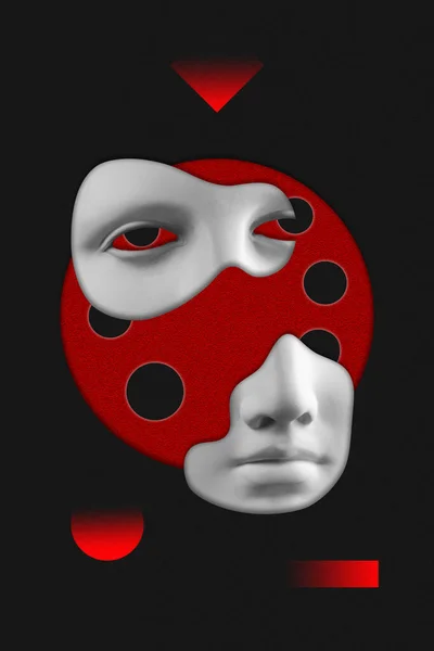 Antique sculpture of woman face surreal collage in pop art style. Modern image with cut details of statue head. Red eyes. Dark concept. Zine culture. Contemporary art poster. Funky retro minimalism. — Stock Photo, Image