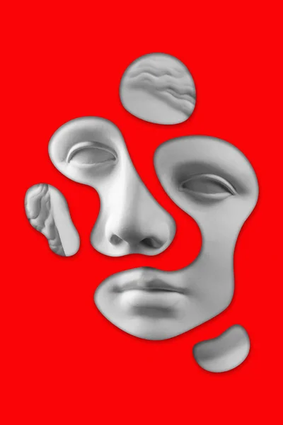 Colagem surreal com escultura antiga de cara de mulher em um estilo de arte pop. Imagem de conceito criativo moderno com cabeça de estátua antiga em um vermelho. Cultura Zine. Cartaz de arte contemporânea. minimalismo retro funky. — Fotografia de Stock