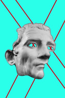 Popüler sanat tarzında insan yüzünün alçıdan yapılmış antik heykelinin kolajı. Antik heykel kafasıyla modern yaratıcı konsept imajı. Zine kültürü. Çağdaş sanat posteri. Acayip minimalizm. Retro tasarımı.