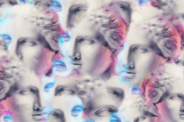 Tuhaf bir geçmişi var. Popüler sanat tarzında insan yüzünün alçıdan yapılmış antik heykelinin kolajı. Antik heykel kafasıyla modern yaratıcı konsept imajı. Çağdaş sanat dokusu. Minimalizm. Zine kültürü.