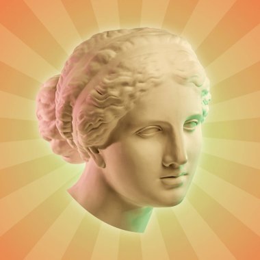 Popüler sanat tarzında insan yüzünün alçıdan yapılmış antik heykelinin kolajı. Pastel renklerde antik heykel kafasıyla yaratıcı bir konsept görüntüsü. Zine kültürü. Çağdaş sanat tarzı poster. Apollo baskını.