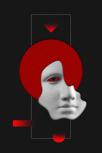 Antike Skulptur von Frauen Gesicht surreale Collage im Pop-Art-Stil. Modernes Bild mit geschnittenen Details des Statuenkopfes. Rote Augen. Dunkles Konzept. Zine-Kultur. Plakat für zeitgenössische Kunst. Irrer Retro-Minimalismus. — Stockfoto