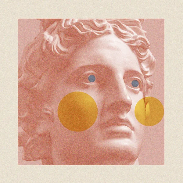 Művészeti kollázs az Apollo arc és számok antik szobrával, geometrikus formák. Szépség, divat és egészség téma. Tudomány, kutatás, felfedezés, technológiai koncepció. Zine kultúra. Pop art stílus. — Stock Fotó