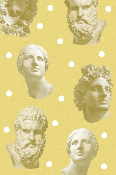 Collage with plaster antique sculptures of human faces in a pop art style. Creative concept image with ancient statue head in pastel colors. Zine culture. Contemporary art style poster. — Stock Photo, Image