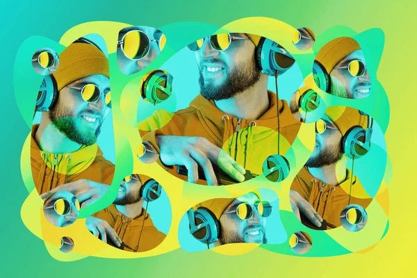 Collage style Pop Art. Funky hipster DJ barbu en casque et lunettes de soleil. Écouter de la musique en streaming dans l'application de lecteur smartphone. Affiche d'art contemporain. Soirée discothèque. Concept minimal. — Photo
