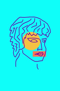 Soyut çizgi gerçeküstü yüz. Antik heykel kafasıyla modern sanat yaratıcı konsept imajı. Modern kübizm tarzında çılgın çağdaş çizimler. Pop sanat posteri. Zine kültürü. Acayip minimalist. Retro tasarımı.