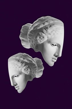 Popüler sanat tarzında insan yüzünün alçıdan yapılmış antik heykelinin kolajı. Antik heykel kafasıyla modern yaratıcı konsept imajı. Zine kültürü. Çağdaş sanat posteri. Acayip minimalizm. Retro tasarımı.